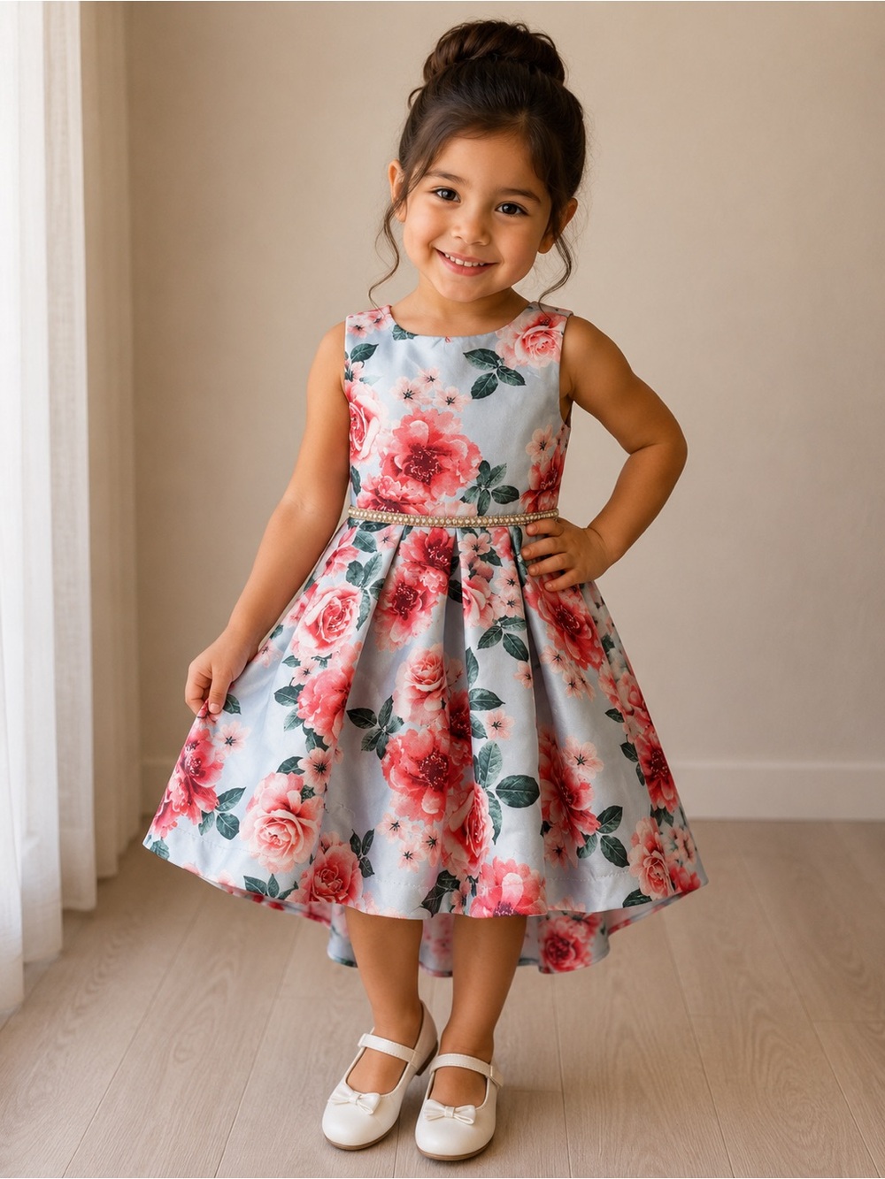 Floral Pink & Blue Girls' Party Dress
